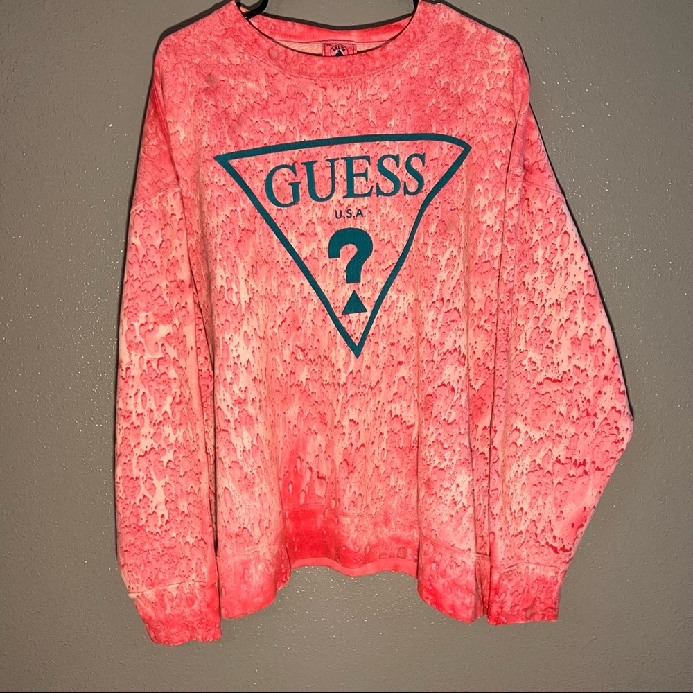 Guess Vintage Delta Crew Neck Cotton Sweater Pink Teal Made In The USA Size XXL